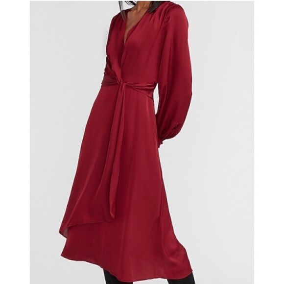 Express Burgundy Satin Long Sleeve Surplice Twist Front High Low Hem Midi Dress - Picture 3 of 17